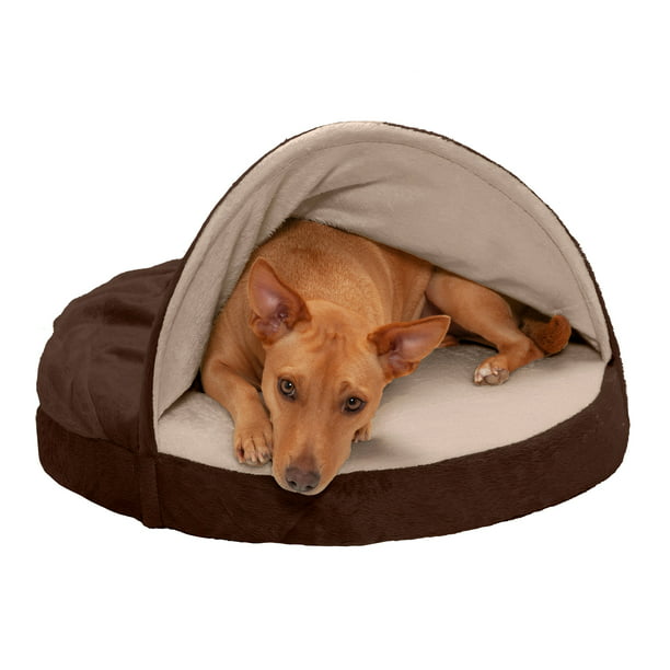 FurHaven Pet Dog Bed 35-Inch Espresso Memory Foam Round Microvelvet Snuggery Burrow Pet Bed Dogs & Cats